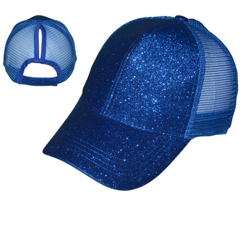 BLUE GLITTER PONYTAIL TRUCKER HAT