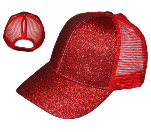 RED GLITTER PONYTAIL TRUCKER HAT