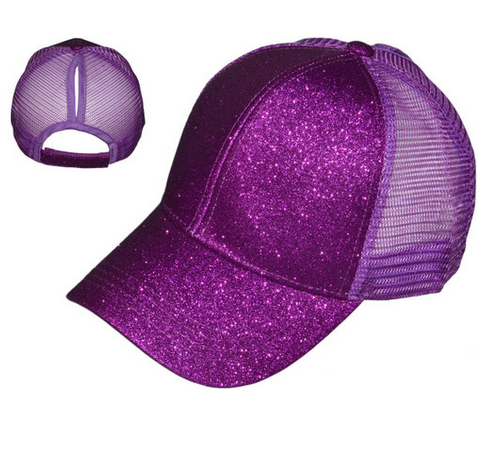 PURPLE GLITTER PONYTAIL TRUCKER HAT