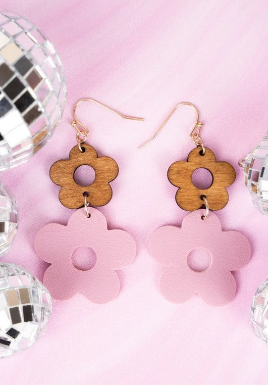 BLUSH WOOD & LEATHER FLOWER EARRINGS