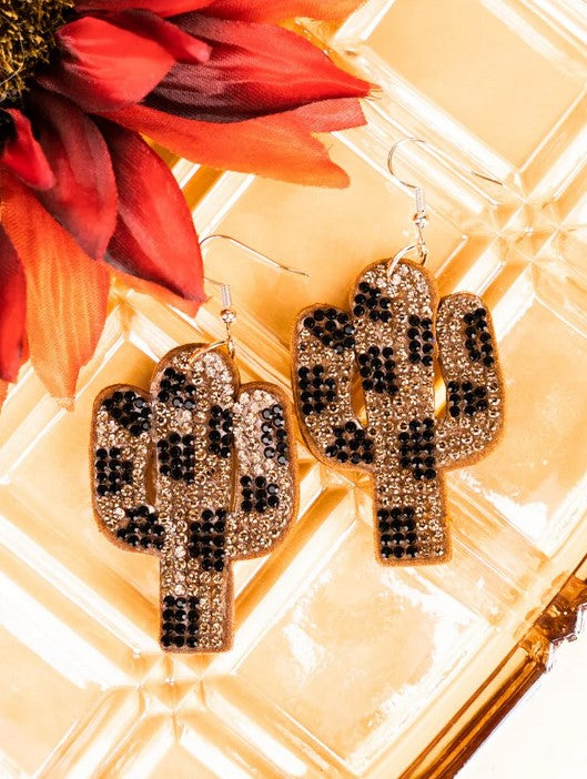 BROWN CRYSTAL LEOPARD CACTUS EARRINGS