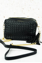 BLACK WOVEN FAUX LEATHER BAG