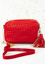 RED WOVEN FAUX LEATHER BAG