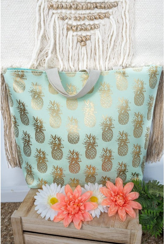 Golden Pineapple Mint Shoulder Tote