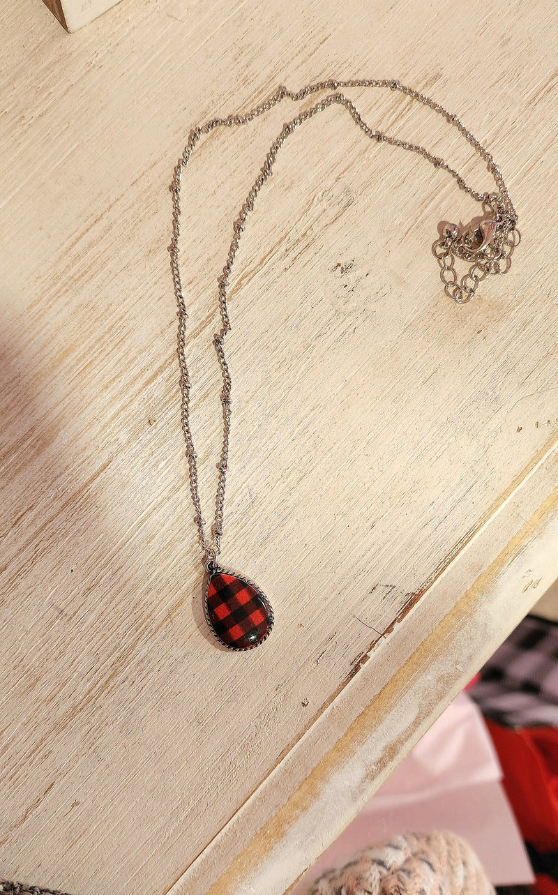 RED AND BLACK BUFFALO PLAID TEARDROP NECKLACE