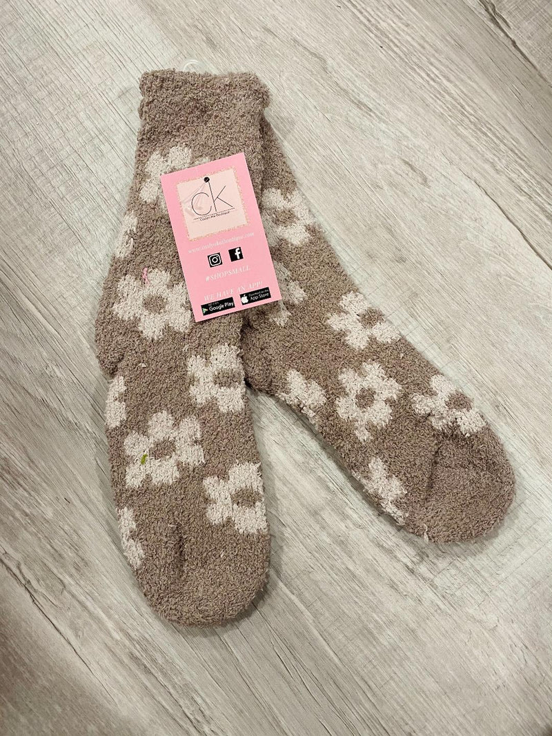 SOFT BROWN WHITE FLOWERS SOCKS