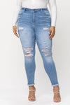 HIGH RISE DESTROYED HEM ANKLE SKINNY- MEDIUM WASH