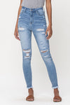 HIGH RISE DESTROYED HEM ANKLE SKINNY- MEDIUM WASH