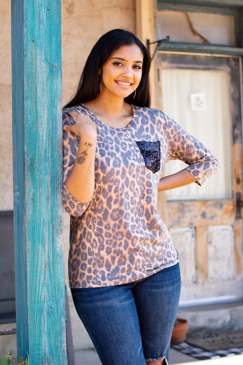 LEOPARD WITH BLACK SEQUIN 3/4 SLEEVE + PLUS SIZE