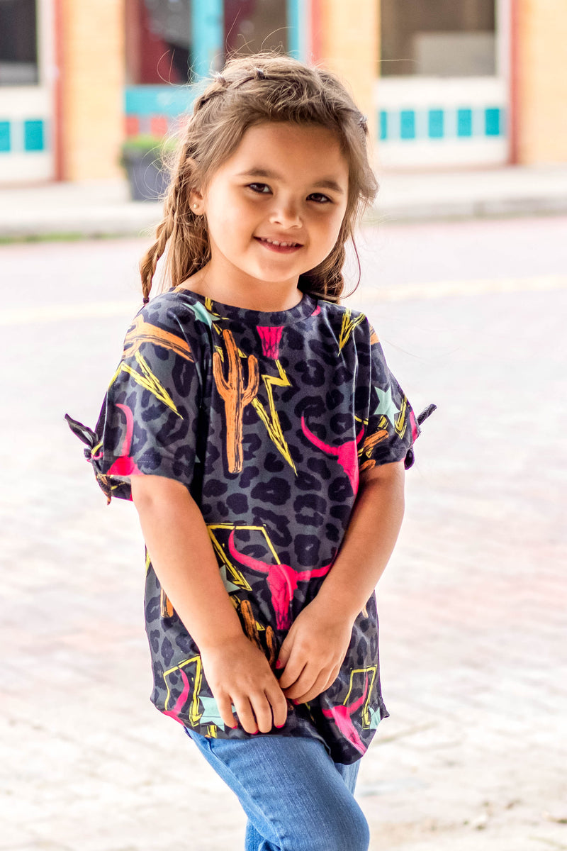 CACTUS COW SKULL PRINTED SHORT TIE SLEEVE- GIRLS