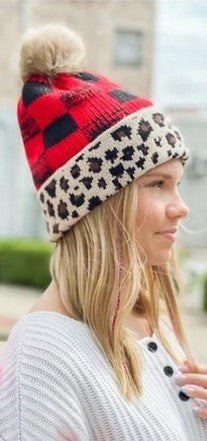 Leopard/Buffalo Mixed Print Fur Pom Beanie