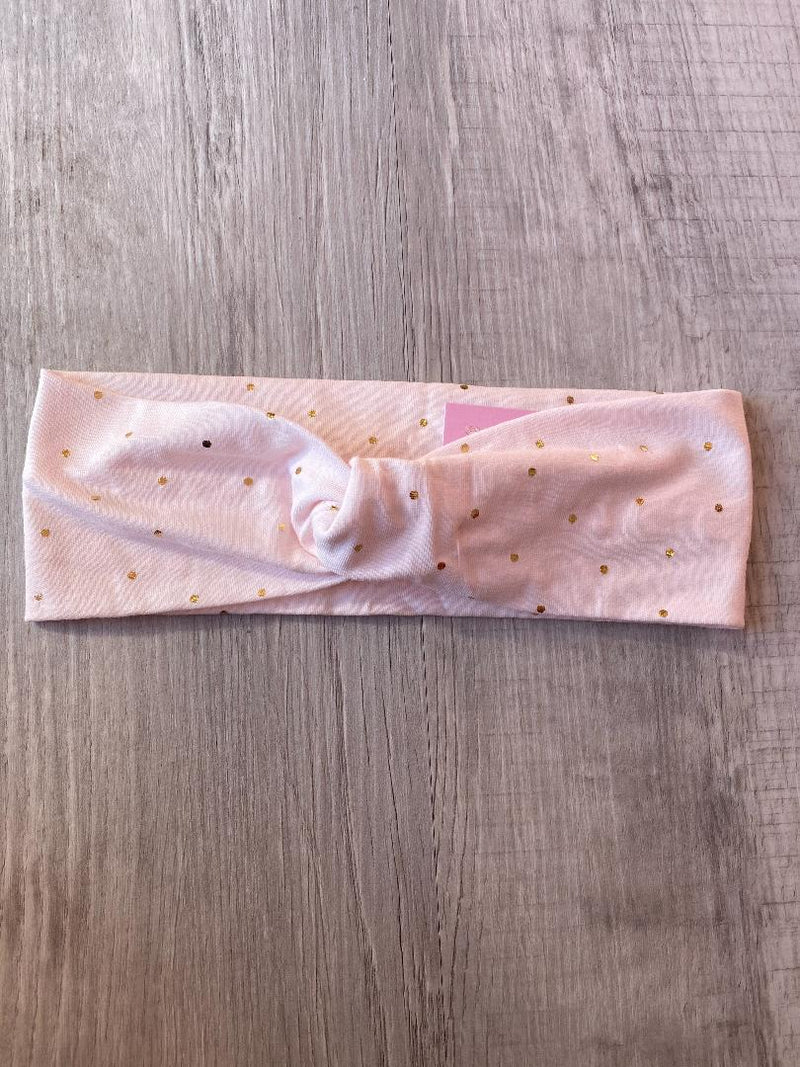 ADULT HEADBAND- PINK W/ GOLD POLKA DOTS