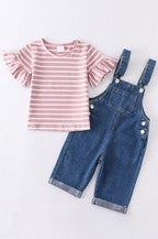 PINK STRIPE BUNNY DENUM OVERALL 2 PCS SET- LITTLE GIRL