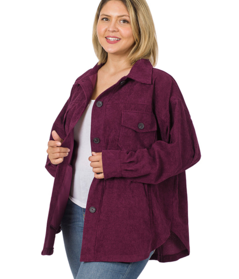 RACHEL BURGUNDY CORDUROY SHACKET