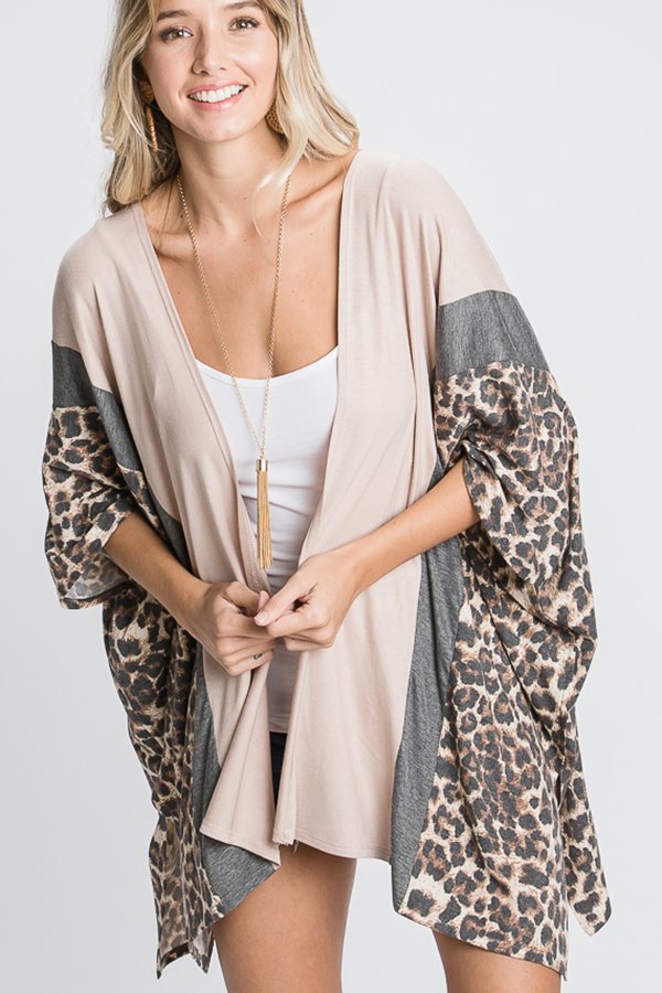 DUSTY PINK SOLID CONTRAST DRAPED CARDIGAN W/ LEOPARD + PLUS SIZE